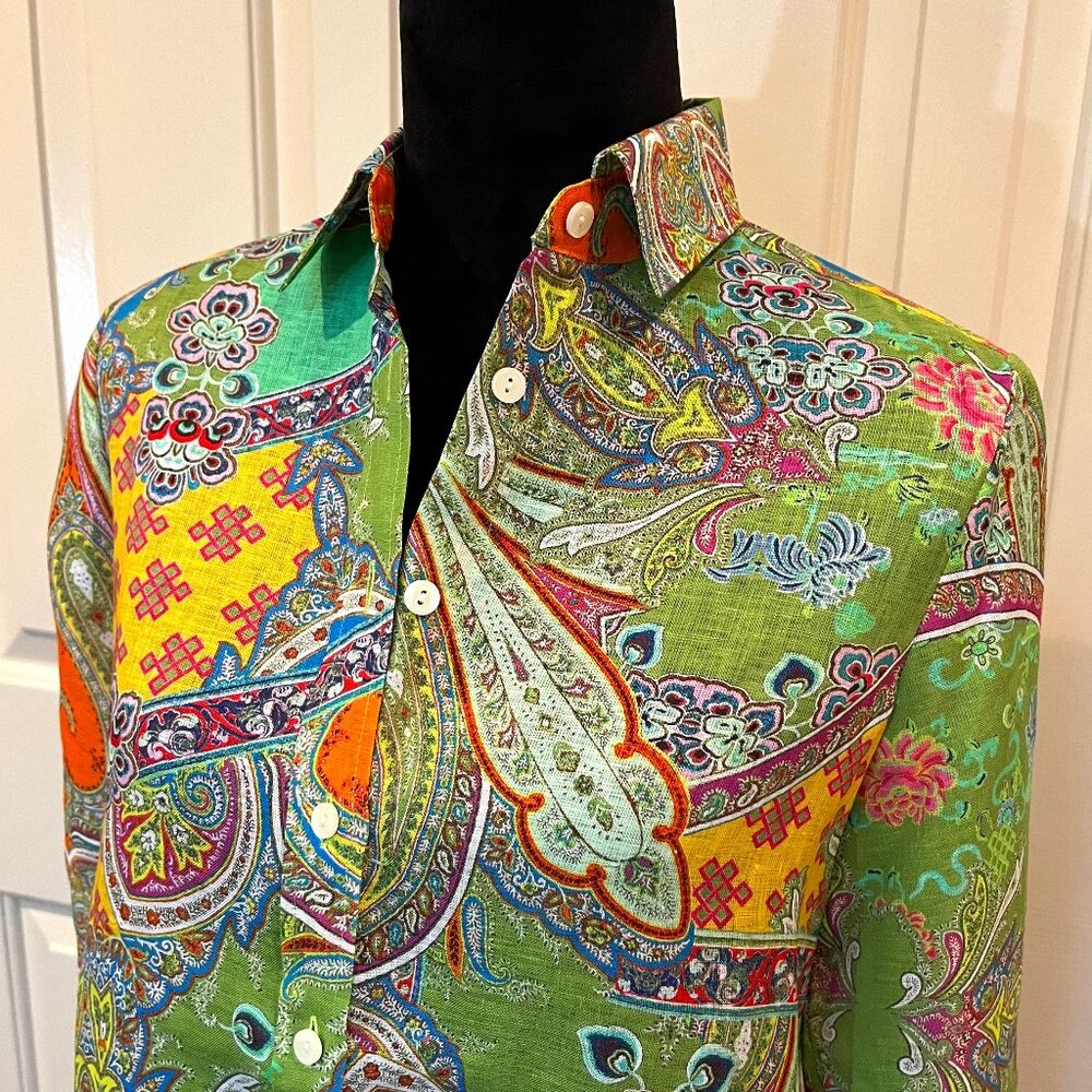 Hinson Wu Reese Long Sleeve Luxe Linen Boho Green Paisley Shirt Size XS NWT